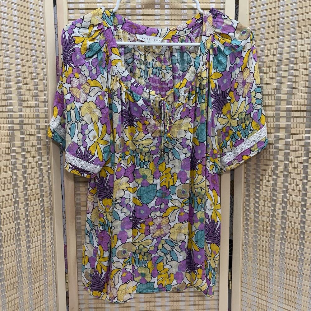 Jane + Delancey Top Women's XL Floral Purple Yellow Short Sleeve